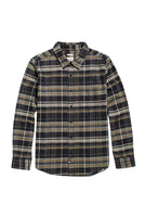Flat lay of The Larson classic fit button-up flannel shirt in volcanic plaid with chest pocket and button closure.