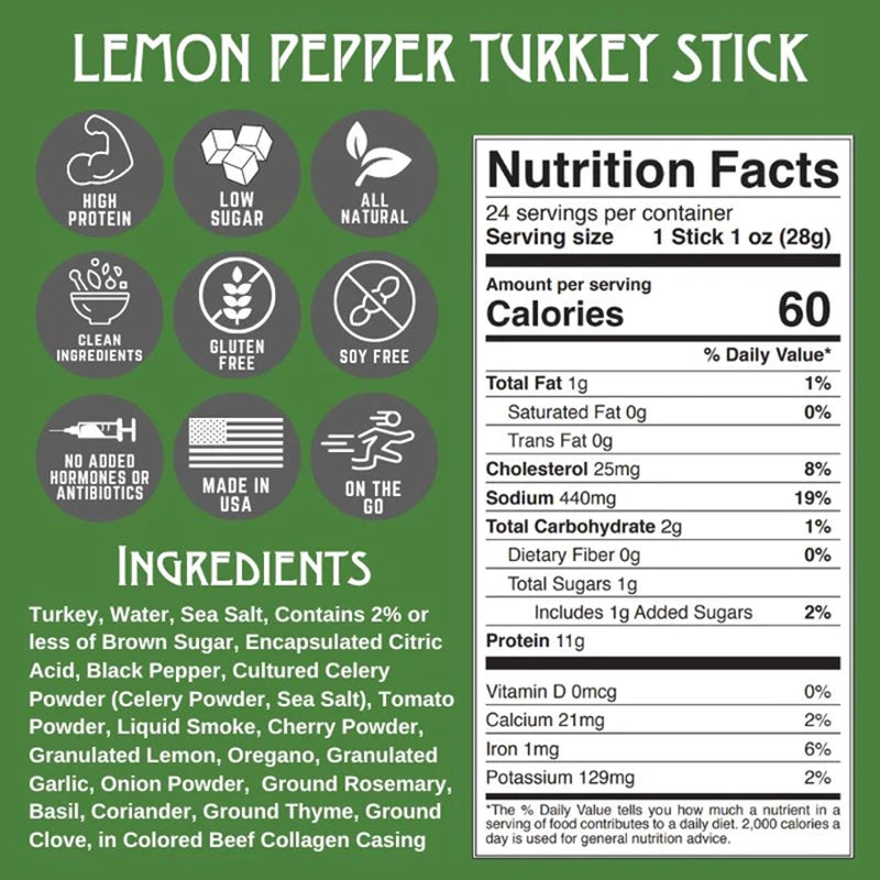 Righteous Felon lemon Pepper Snack Stick Nutritional Info Graphic Chart