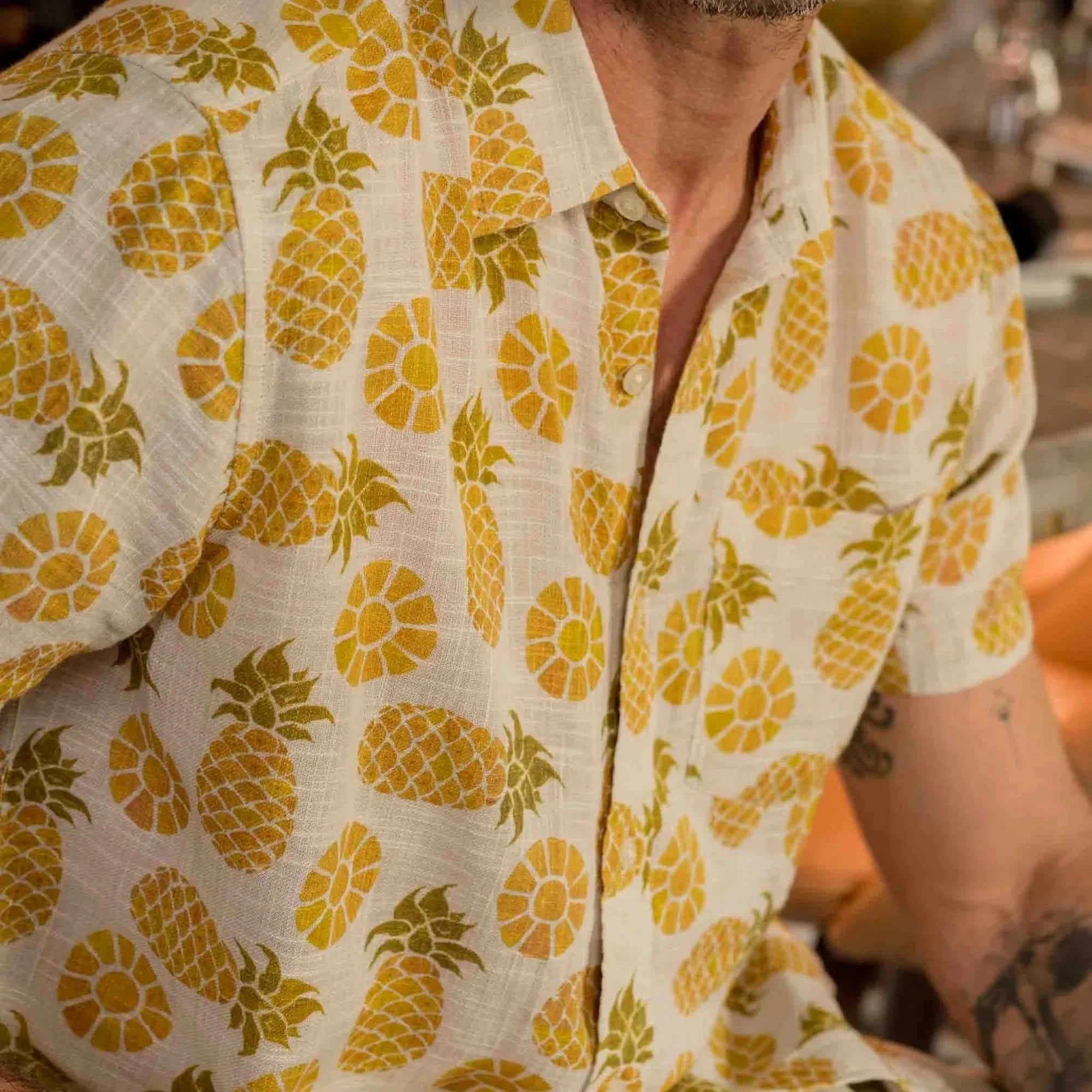Model wearing Grayer's madras shirt with Pineapple Motif, front view
