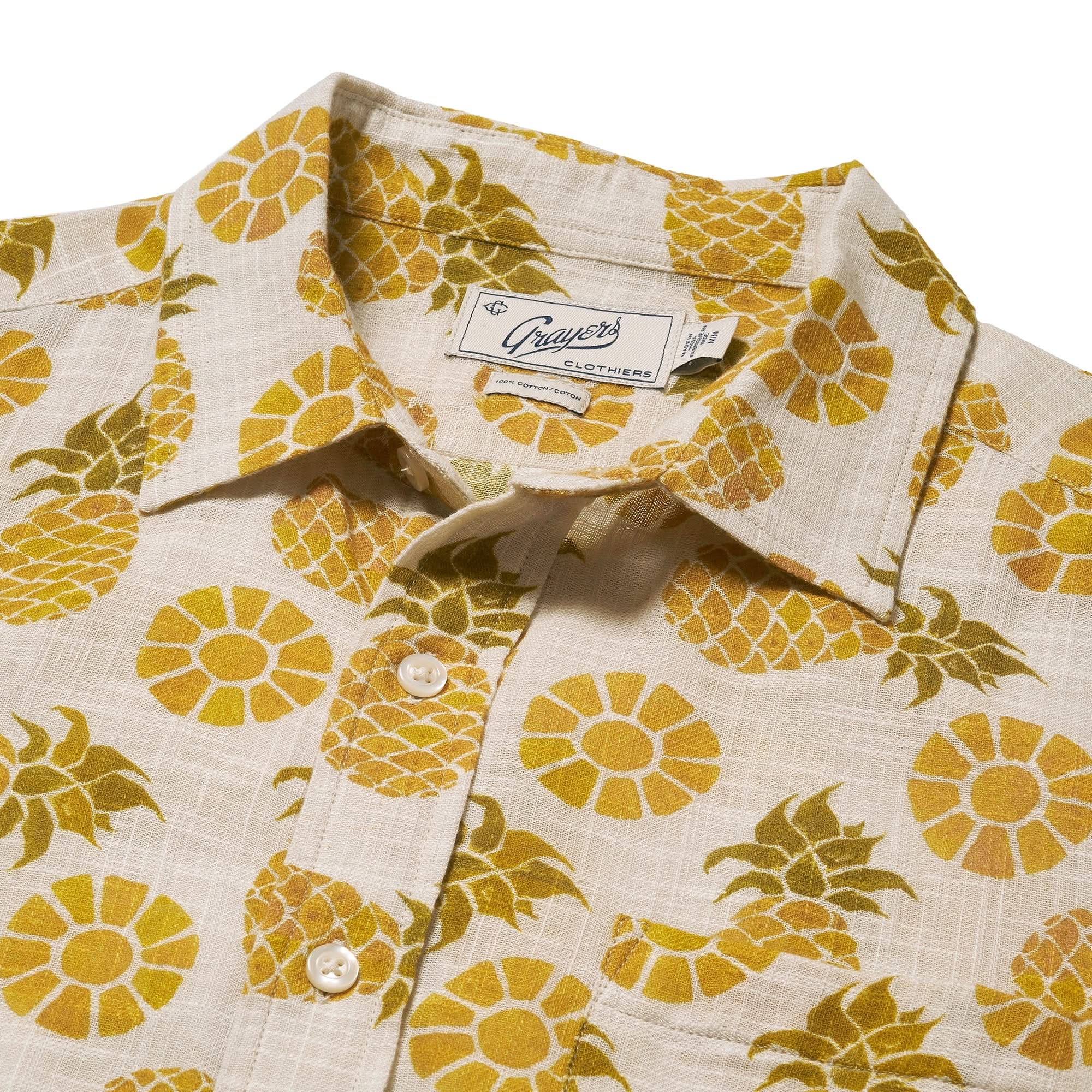 Grayer's madras shirt with Pineapple Motif, flat lay close up detail  view