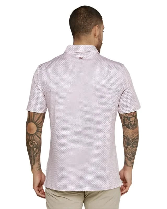 Model wearing 7 Diamonds Marquez Polo in the coral colorway, rear view