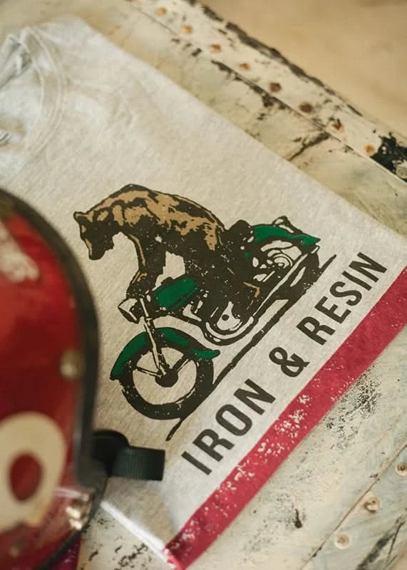 Iron & Resin Moto bear T-shirt in Heather Grey, flat lay front view