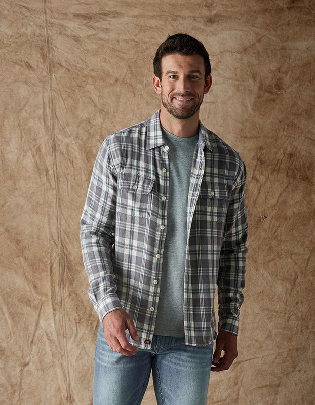 Model Wearing The Normal Brand Mountain Overshirt in Blue Haze, Flront View