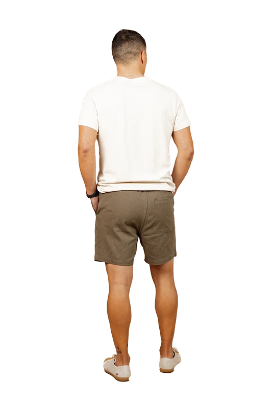 Model Wearing Bridge & Burn Noah Shorts in Olive color, Rear view