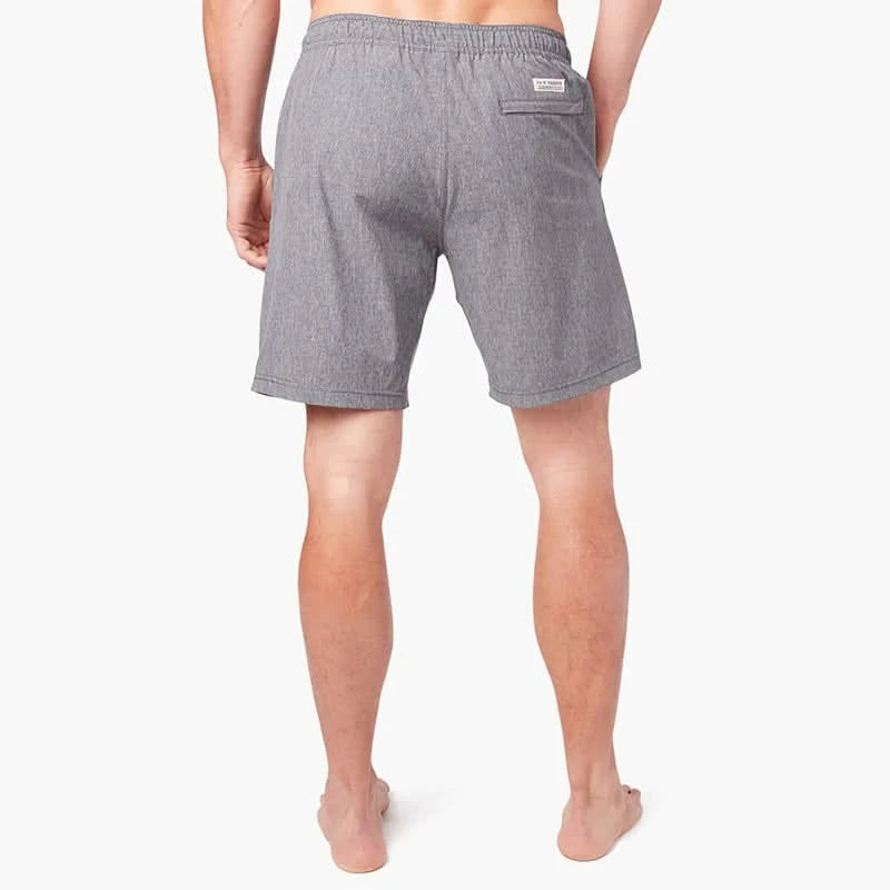Model Wearing Fair Harbor One Short in Grey, rear view