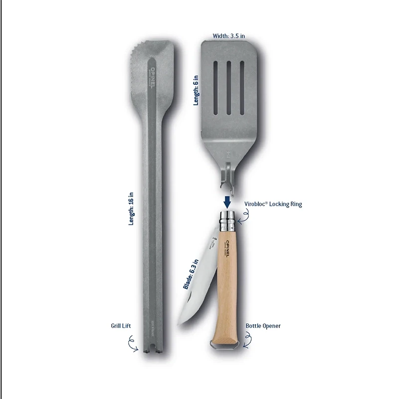 Opinel Grilling set, includes Knife, spatula attachment, and tongs showing dimensions of the tools