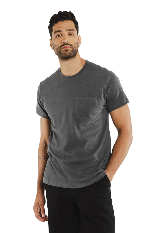 Model Wearing Bridge & Burn Organic Hemp T-shirt in Slate Grey, front  view