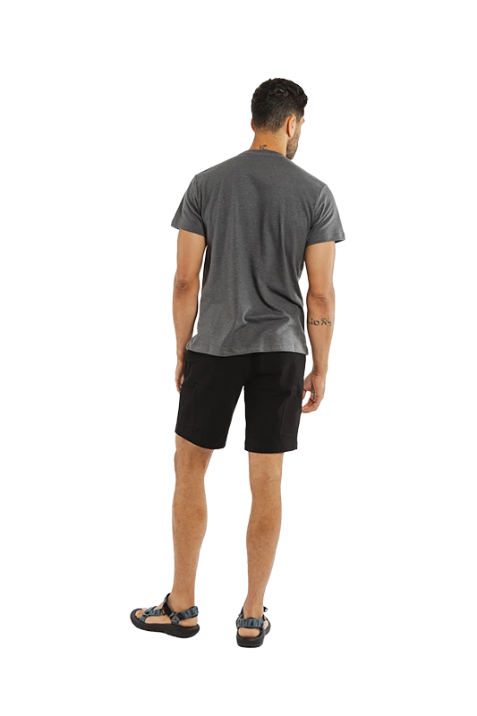 Model Wearing Bridge & Burn Organic Hemp T-shirt in Slate Grey, rear  view