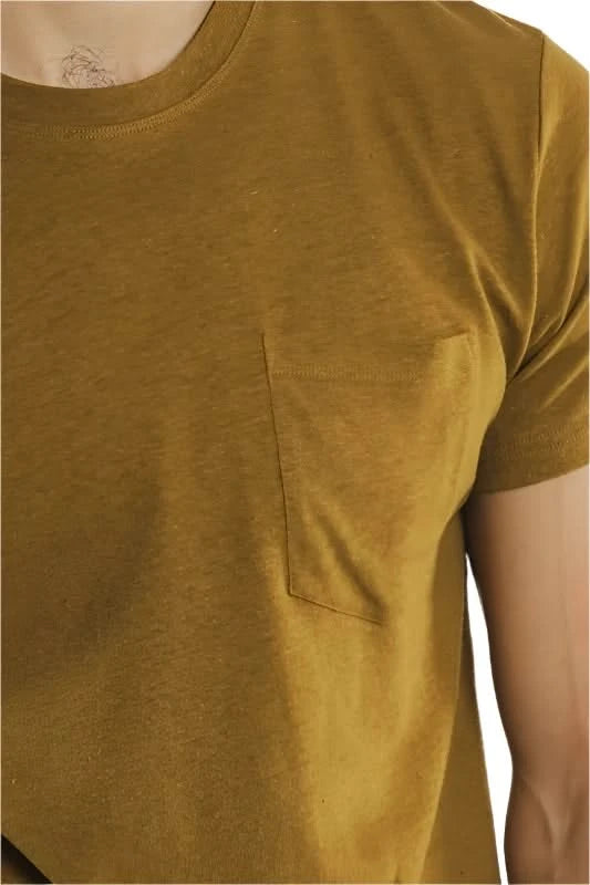 Model Wearing Bridge & Burn Organic Hemp Pocket Tee in Ochre Color, front  close up detail  view