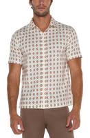 Model wearing Porcelain Clove floral print shirt, front view