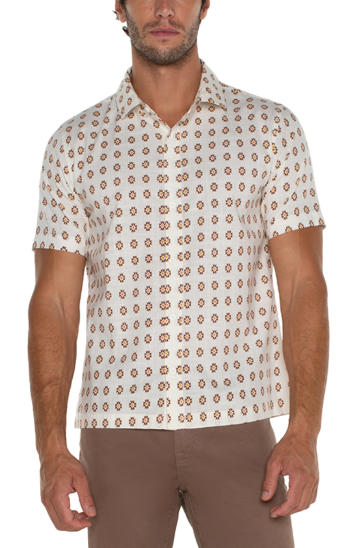 Model wearing Porcelain Clove floral print shirt, front view