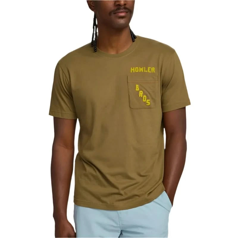 Model Wearing Howler Bros. Pocket T-shirt with Prickly Pear Graphic on the back, front  view