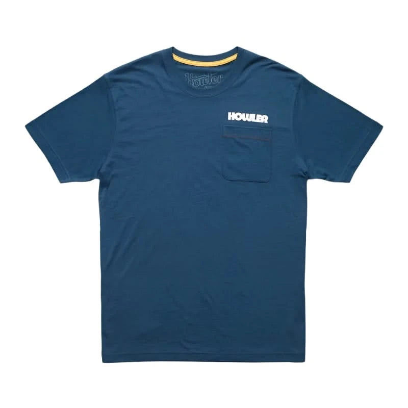 Howler Brother's Trucha Pocket t-shirt with fish design on the back, flat lay front of shirt view