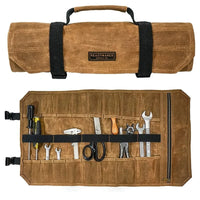 Readywares tool roll, shown with tools and with the roll, rolled up.