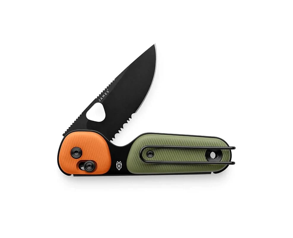 Redstone compact folding knife with serrated drop point blade in Orange/Od Green/ Black colorr, featuring slide-lock and bent-wire pocket clip – available at The Simple Man
