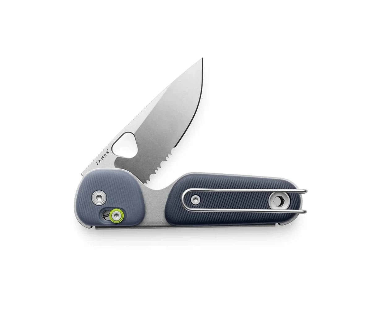 Redstone compact folding knife with serrated drop point blade in Tidal Blue, featuring slide-lock and bent-wire pocket clip – available at The Simple Man.