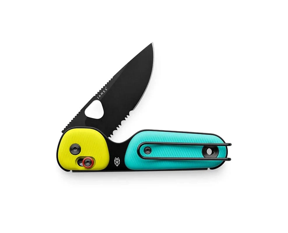 Redstone compact folding knife with serrated drop point blade in Neon/Turquoise Black color, featuring slide-lock and bent-wire pocket clip – available at The Simple Man