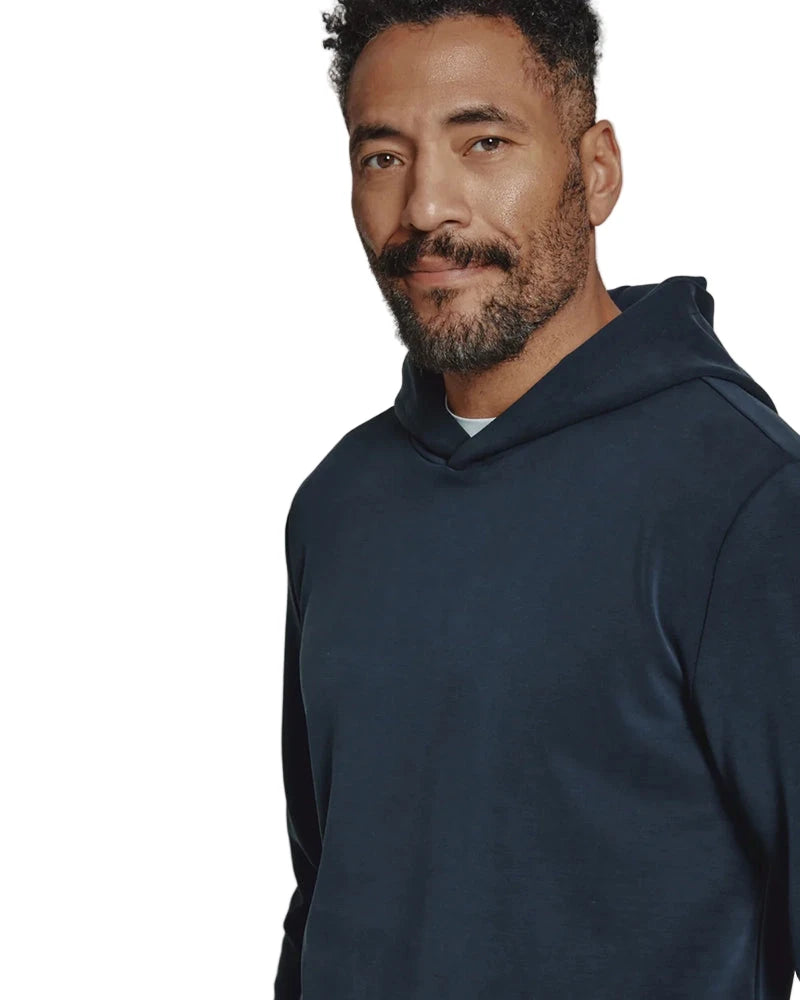 Model wearing navy REV Hoodie from The Simple Man – men's soft everyday hoodie with clean minimal fit