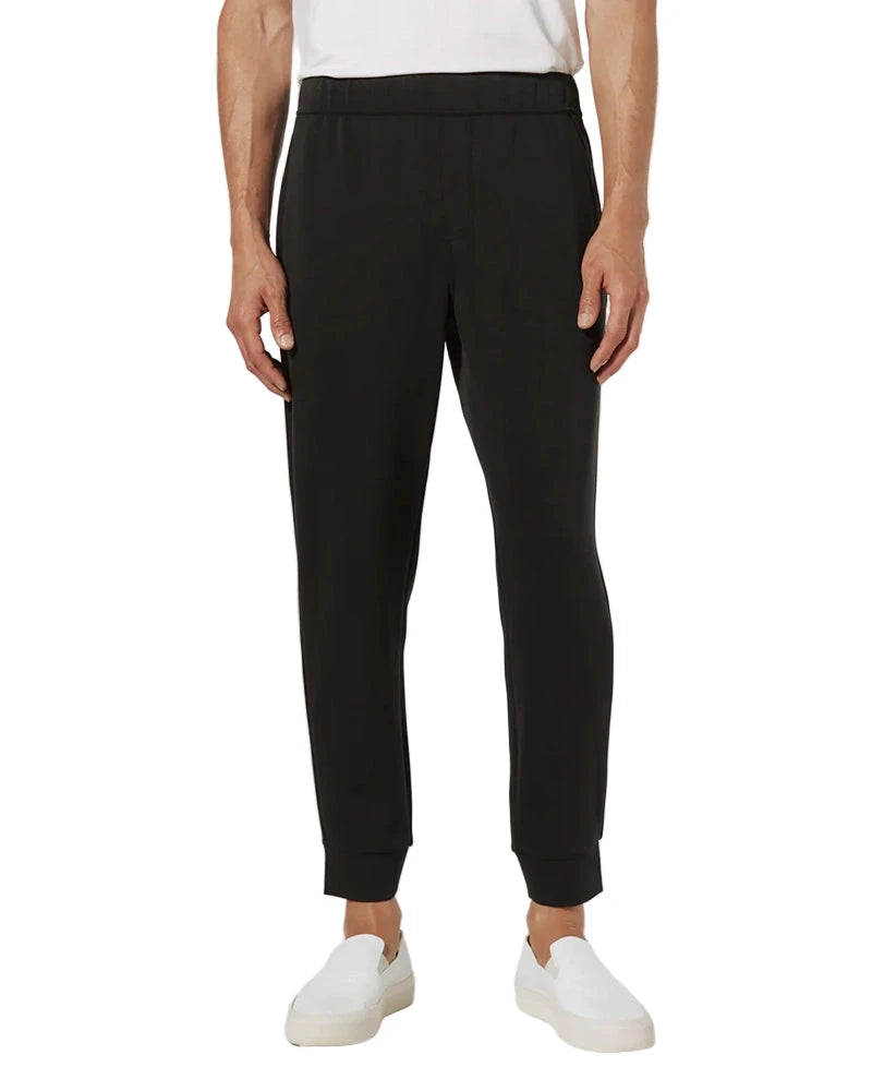 Front view of black REV™ Jogger pants showcasing elastic waistband, tapered leg, and soft modal-blend fabric