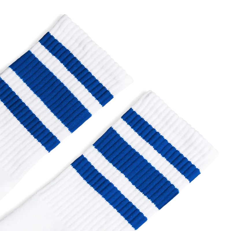 Socco royal blue striped socks close up view