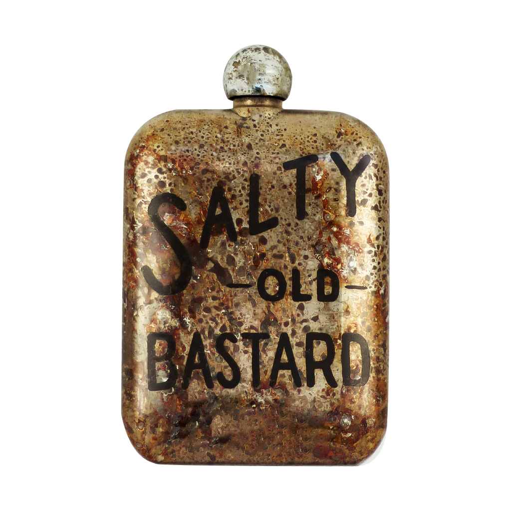Close-up of Salty Old Bastard etched whiskey flask with aged patina finish – 6oz stainless steel men’s flask from The Simple Man