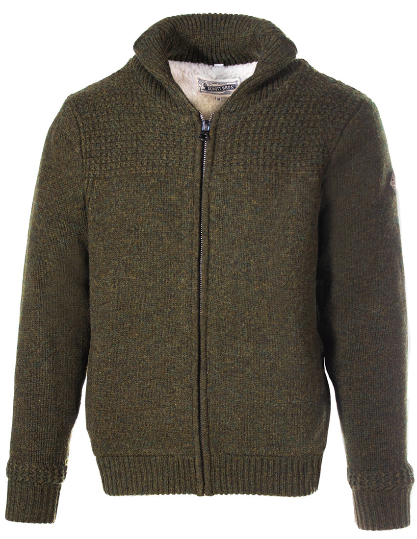 Front view of Schott NYC moss wool sweater jacket with shawl collar and sherpa lining – durable men's winter outerwear available at The Simple Man