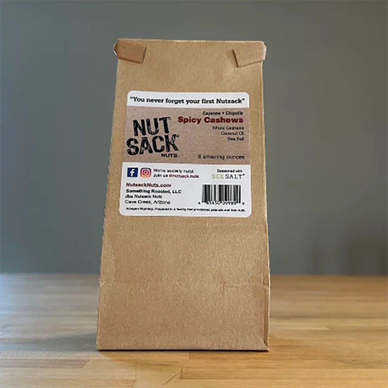 Nut Sack Spicy Cashes mix, 6oz bag,back of bag