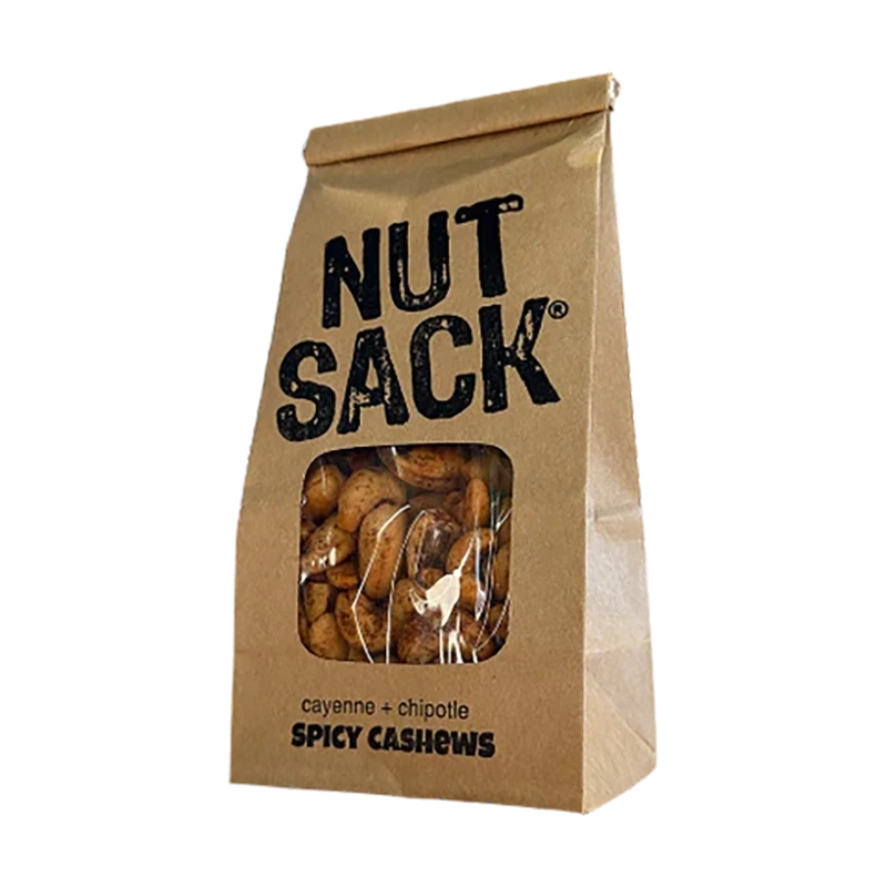 Nut Sack Spicy Cashes mix, 6oz bag, front of bag