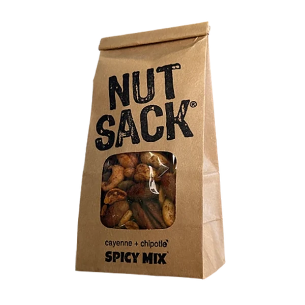 Nut Sack Spicy Mix, 6oz snack bag, frontage bag