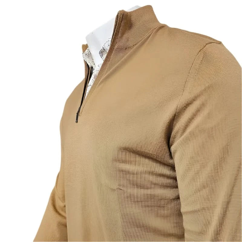 Stitchnote Merino wool 1/4 zip mock neck sweater in Caramel color, close view
