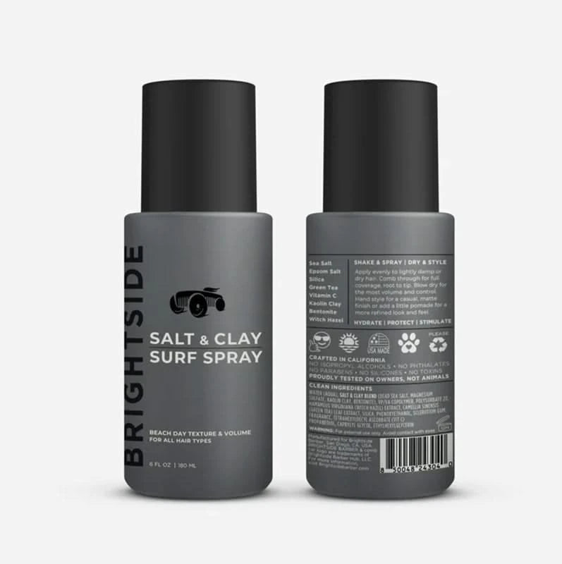 Brightside Barbers Salt & Clay Surf Spray, front and back ofbottle