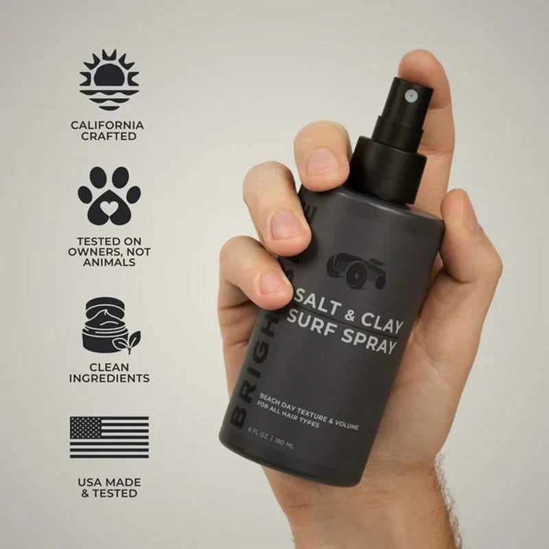 Brightside Barbers Salt & Clay Surf Spray, in a hand with graphic information