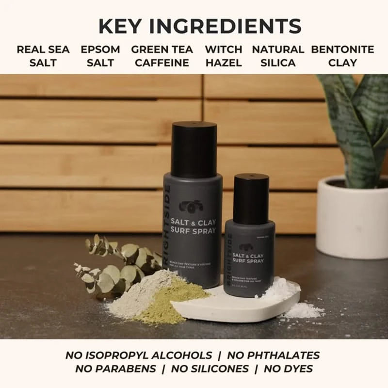 Brightside Barbers Salt & Clay Surf Spray, large and small bottle, key ingredients info graphic