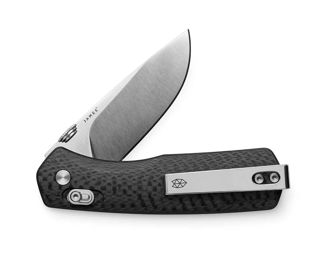 Carbon Fiber Carter Knife featuring VG-10 drop point blade and textured Micarta handle, close-up detail – premium pocket knife sold by The Simple Man.