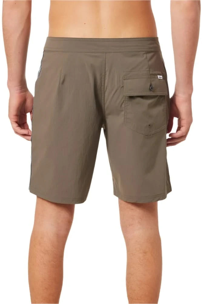 Back view of men's Theo swim trunk in gravel brown with patch pocket and velcro flap – 18" outseam beach short at The Simple Man