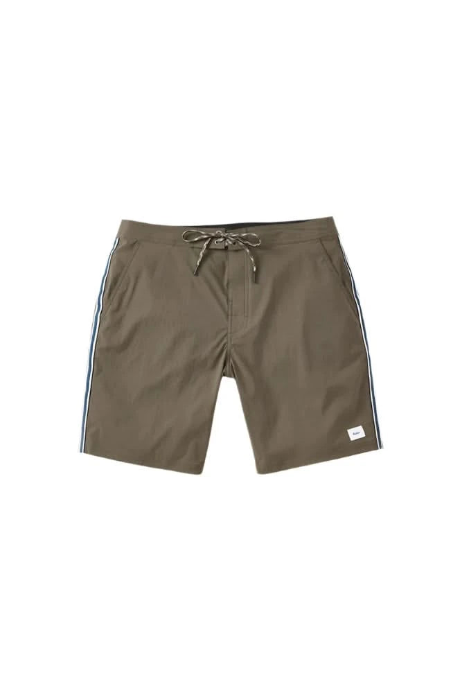 Flat lay of Theo gravel brown men's swim trunk with striped sides and tie waist – classic retro boardshorts from The Simple Man