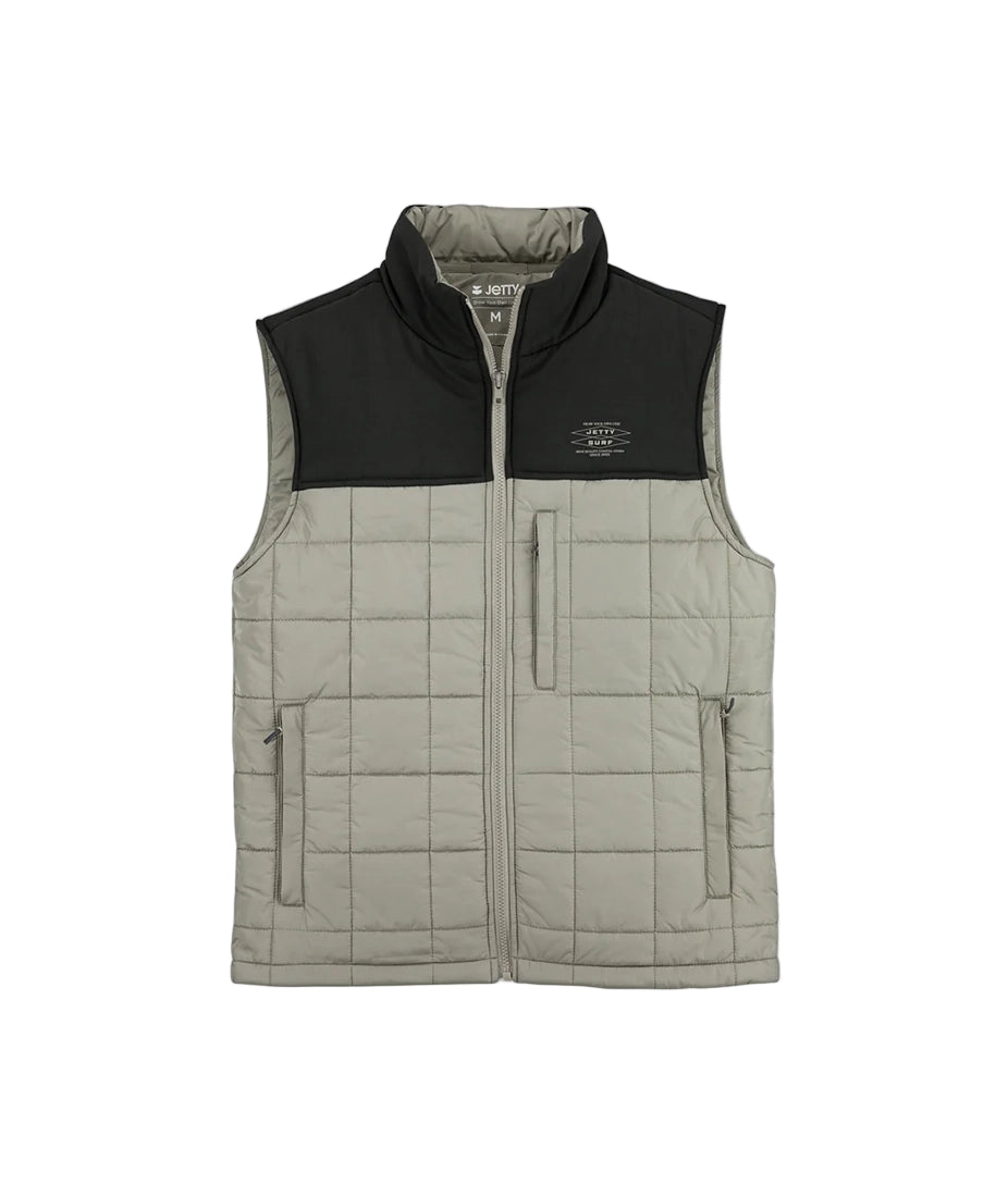 Jetty Terrace Vest Oyster – men’s insulated recycled polyester vest with nylon shoulders and zip pockets, available at The Simple Man.