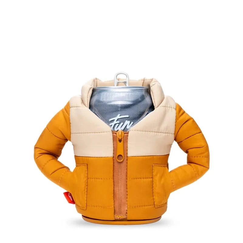 Puffin brand puffy jacket 12oz canned beverage cooler, front side view