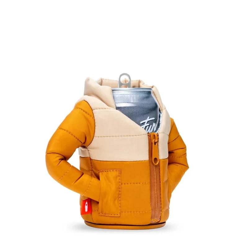 Puffin brand puffy jacket 12oz canned beverage cooler,  side view