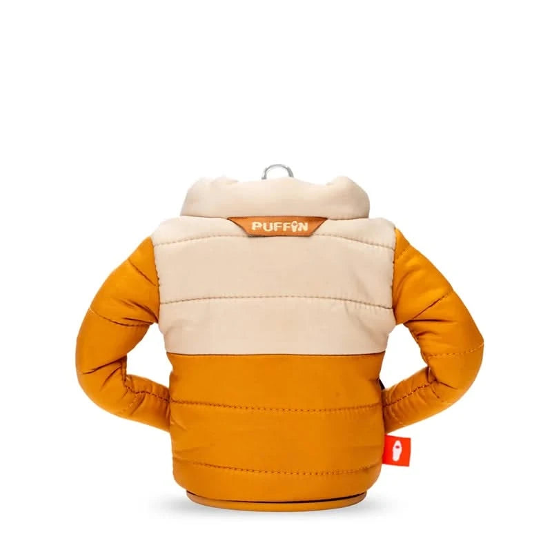 Puffin brand puffy jacket 12oz canned beverage cooler, back side view
