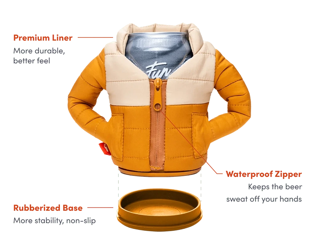 Puffin brand puffy jacket 12oz canned beverage cooler, front side view info graphic with features called out