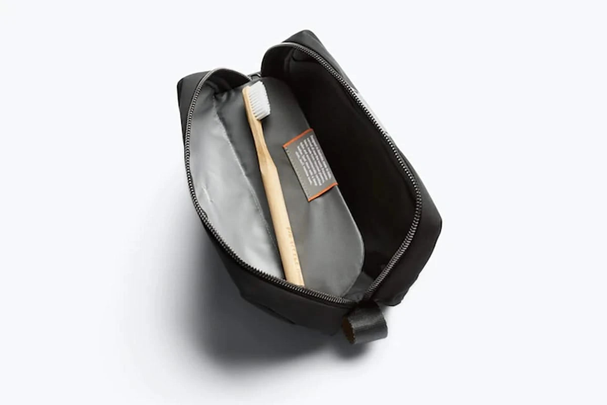 Bellroy Toiletry Kit in black, opened view..toothbrush detail