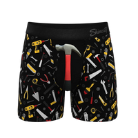 Men's Hammer & Tools Ball Hammock boxer briefs - front view with fly and printed tool pattern