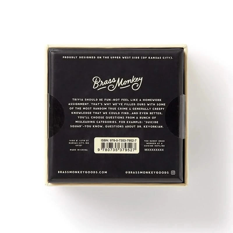 Back of Truly Terrifying Trivia box showing Brass Monkey branding and product description about creepy trivia questions in misleading categories.