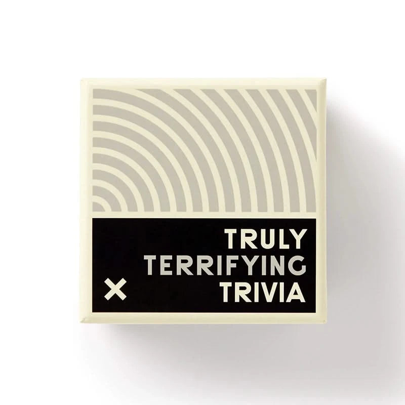 Front view of Truly Terrifying Trivia game box by Brass Monkey, featuring bold black and cream design with modern typography – a unique gift for true crime fans.