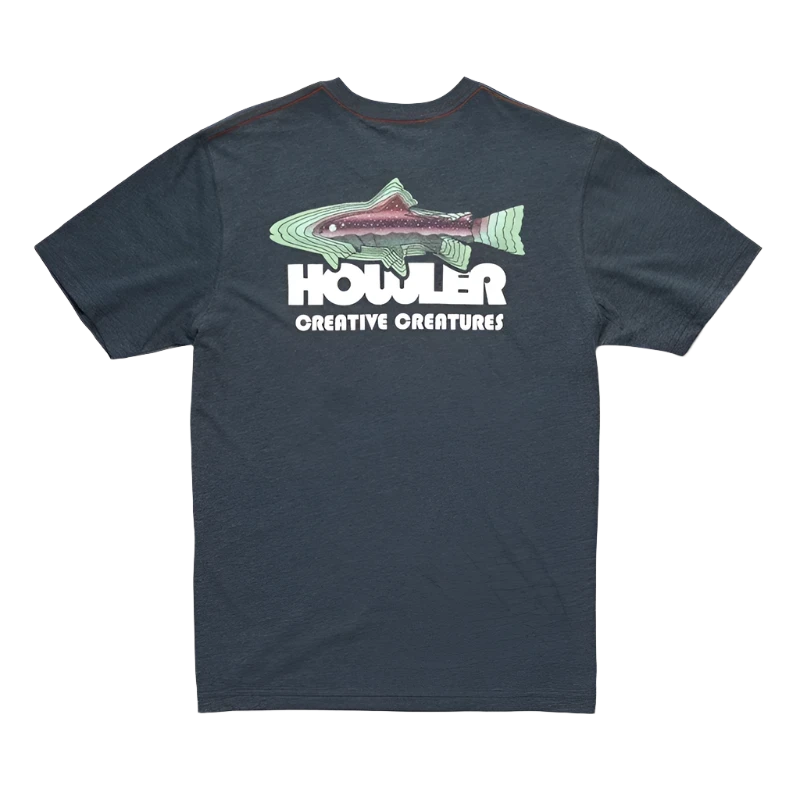 Howler Brothers Trucha T-shirt in charcoal, design printed on the back.