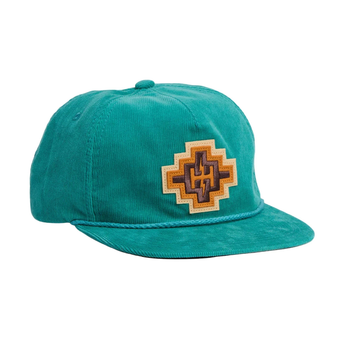 Front view of teal unstructured snapback hat with H Bolt motif and pliable brim