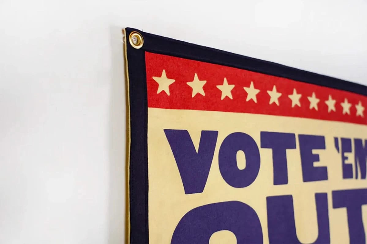 Oxford Pennant Co, Vote 'em Out Camp flag close up detail view