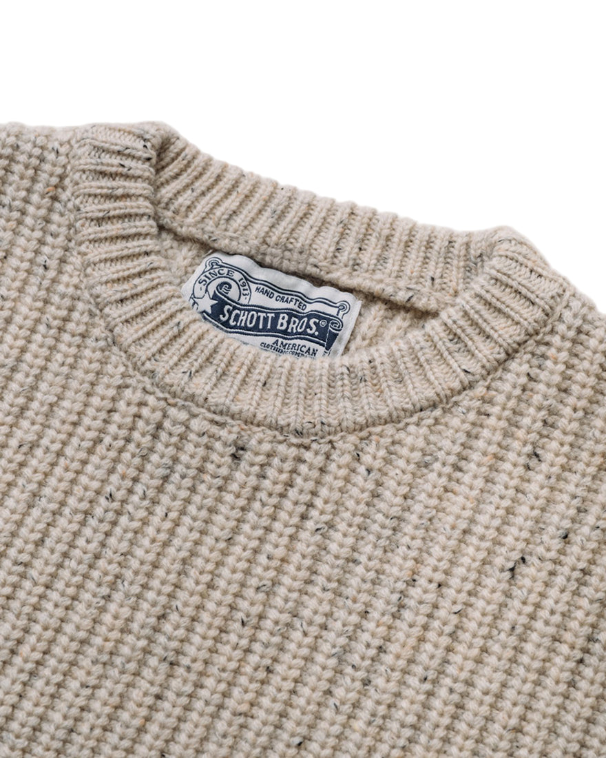 Crewneck collar and Schott Bros. label on off-white wool Donegal sweater