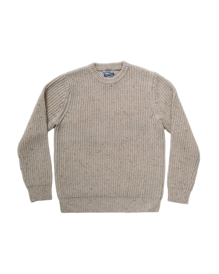 ront view of off-white wool blend Donegal sweater with shaker rib knit